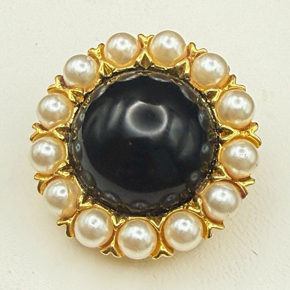 SINGLE St John Replacement Earring Vintage Black Cabochon Faux Pearl Halo ClipOn